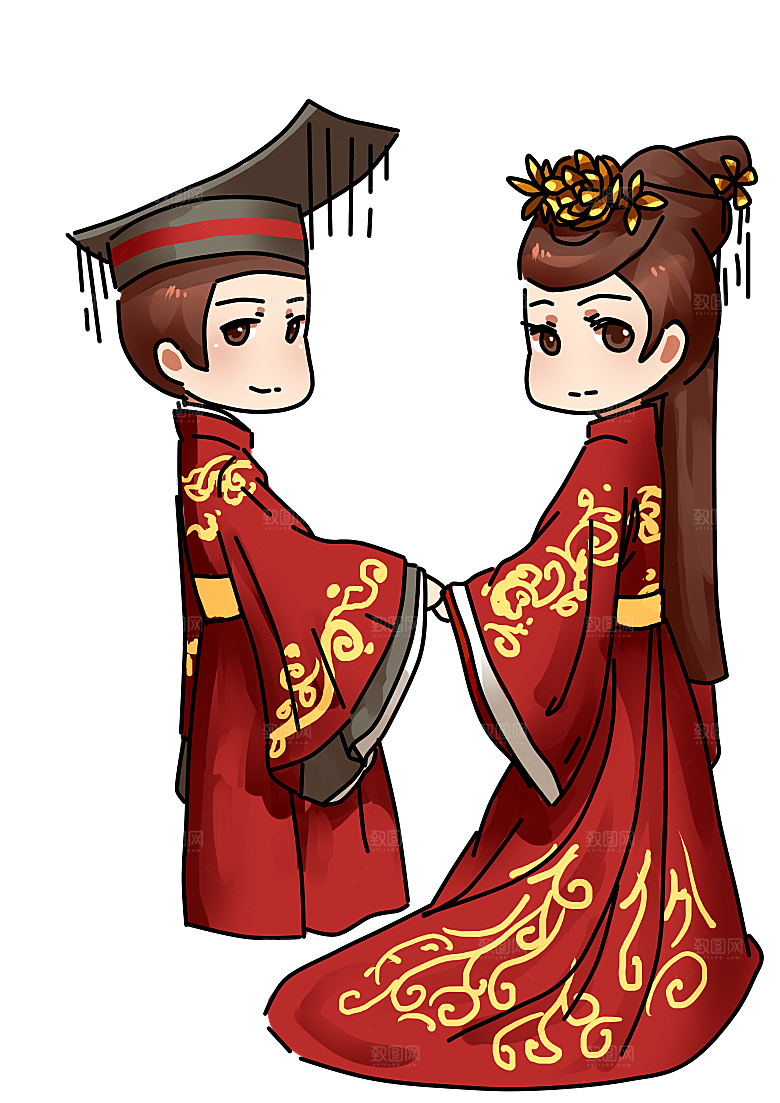 卡通中式婚礼新人中式古典中国风人物婚庆