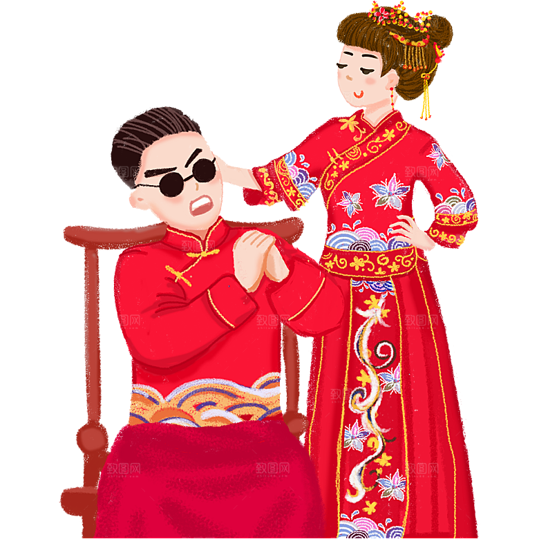 卡通中式婚礼新人中式古典中国风人物婚庆