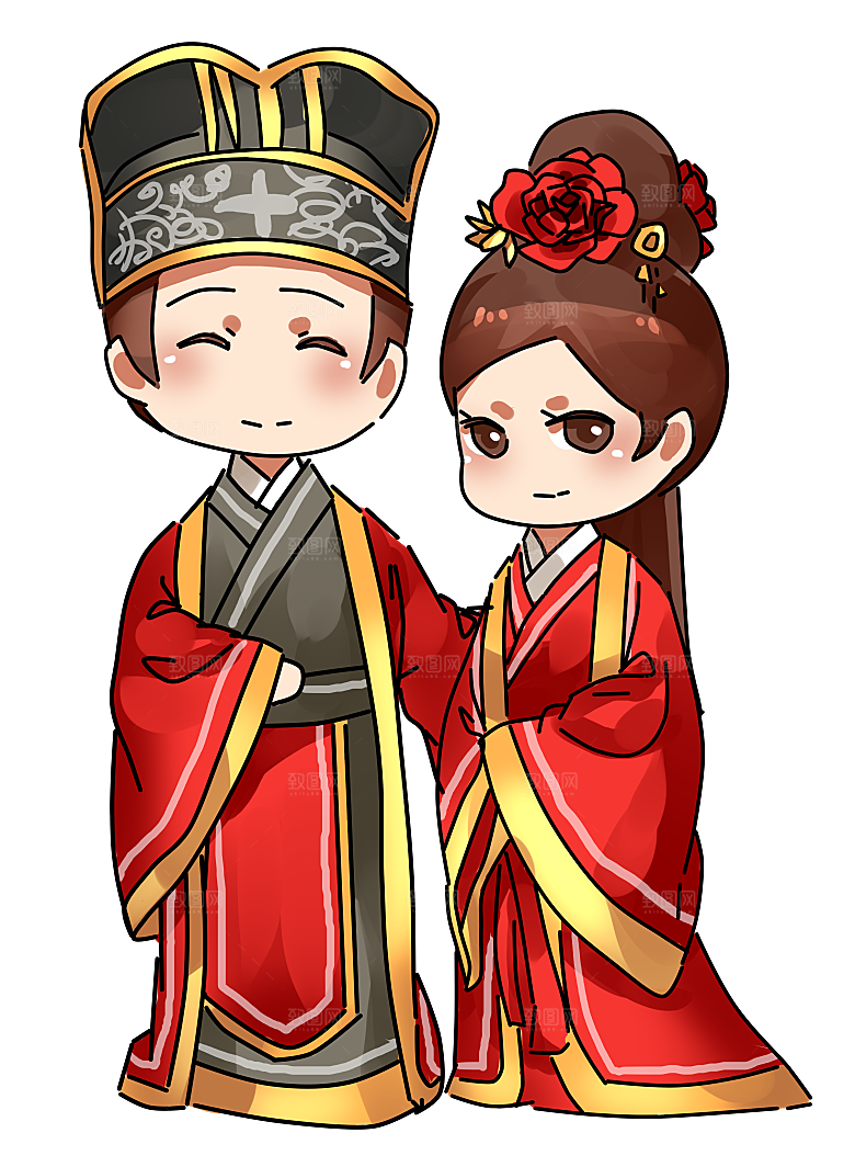 卡通中式婚礼新人中式古典中国风人物婚庆
