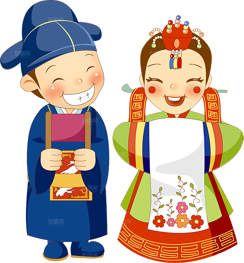 卡通中式婚礼新人中式古典中国风人物婚庆