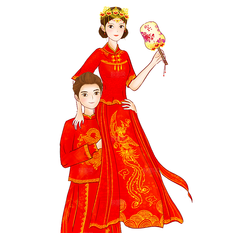 卡通中式婚礼新人中式古典中国风人物婚庆
