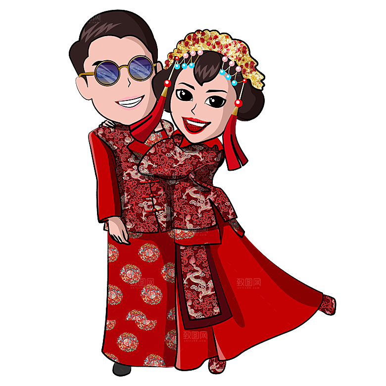 卡通中式婚礼新人中式古典中国风人物婚庆