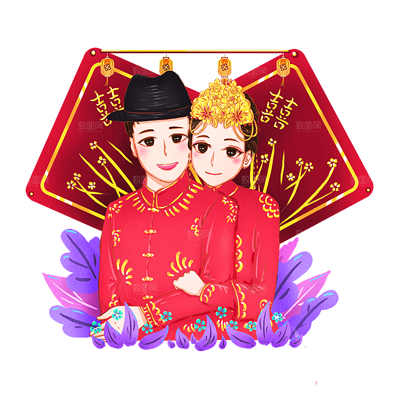 卡通中式婚礼新人中式古典中国风人物婚庆