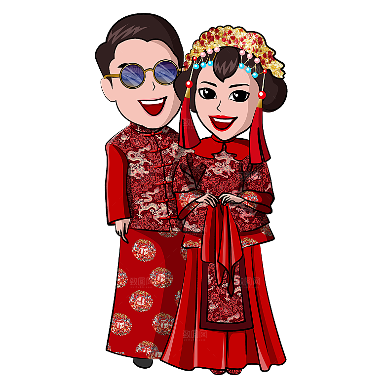 卡通中式婚礼新人中式古典中国风人物婚庆