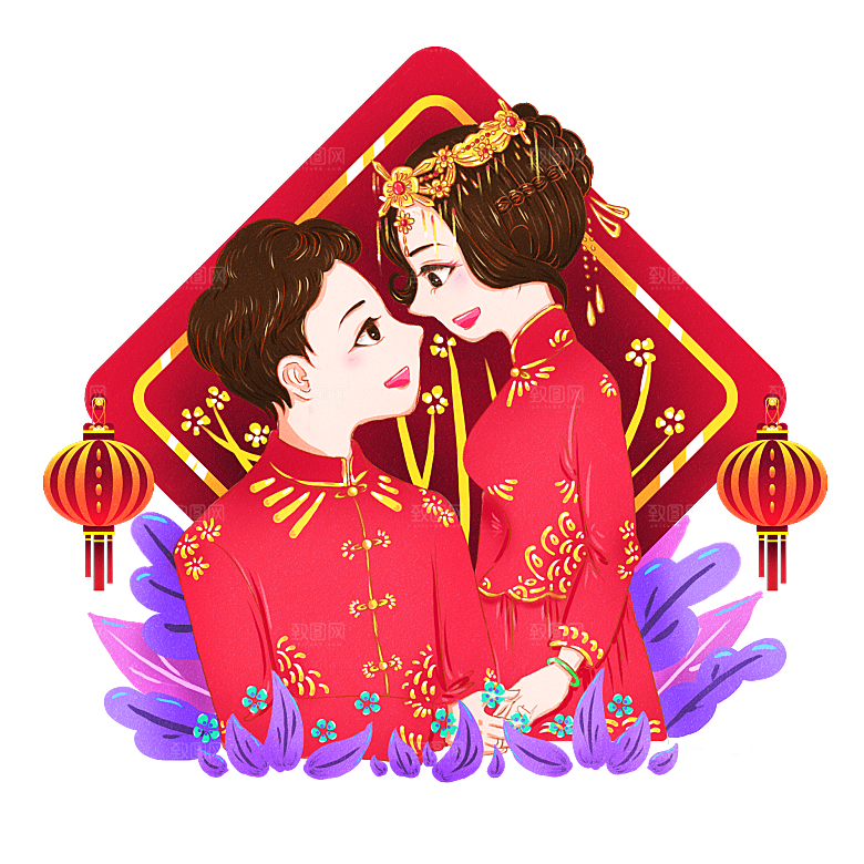 卡通中式婚礼新人中式古典中国风人物婚庆
