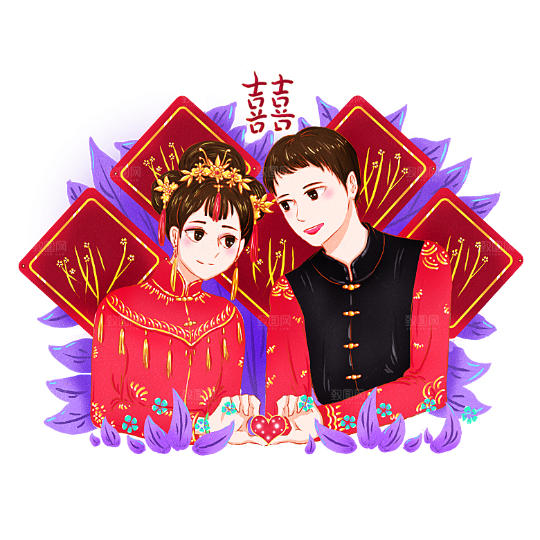 卡通中式婚礼新人中式古典中国风人物婚庆