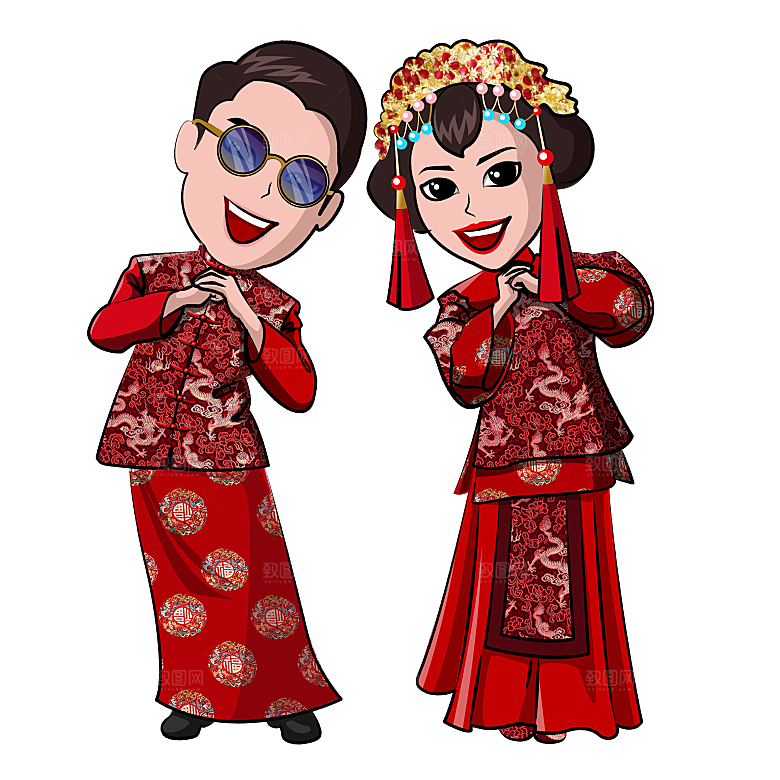 卡通中式婚礼新人中式古典中国风人物婚庆
