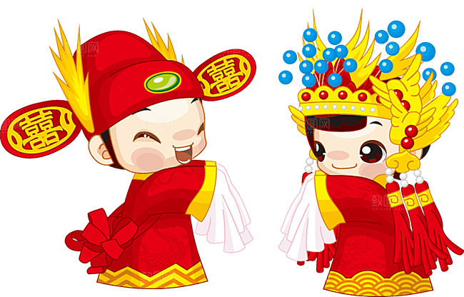 卡通中式婚礼新人中式古典中国风人物婚庆