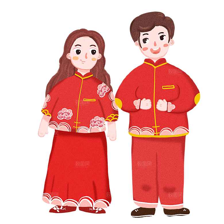 卡通中式婚礼新人中式古典中国风人物婚庆