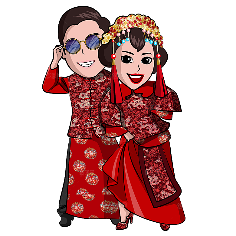 卡通中式婚礼新人中式古典中国风人物婚庆
