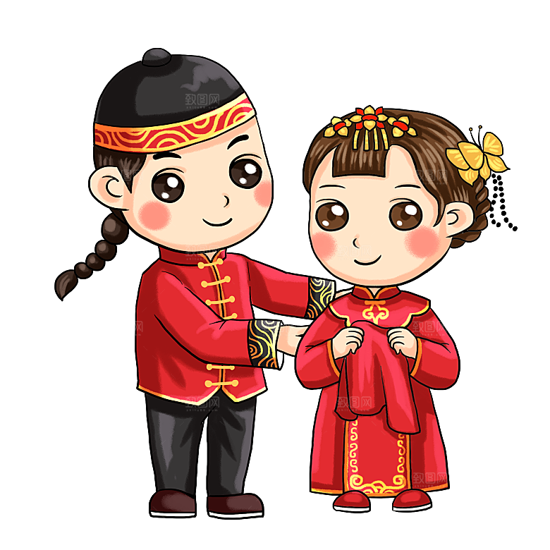 卡通中式婚礼新人中式古典中国风人物婚庆