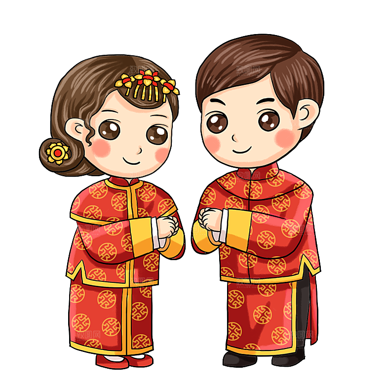 卡通中式婚礼新人中式古典中国风人物婚庆