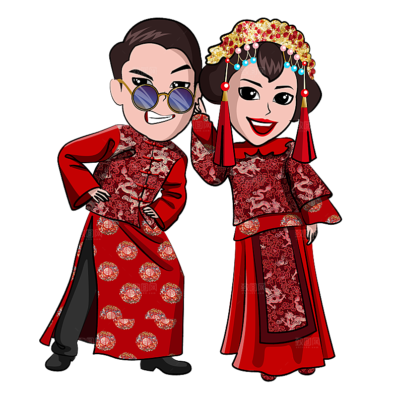 卡通中式婚礼新人中式古典中国风人物婚庆