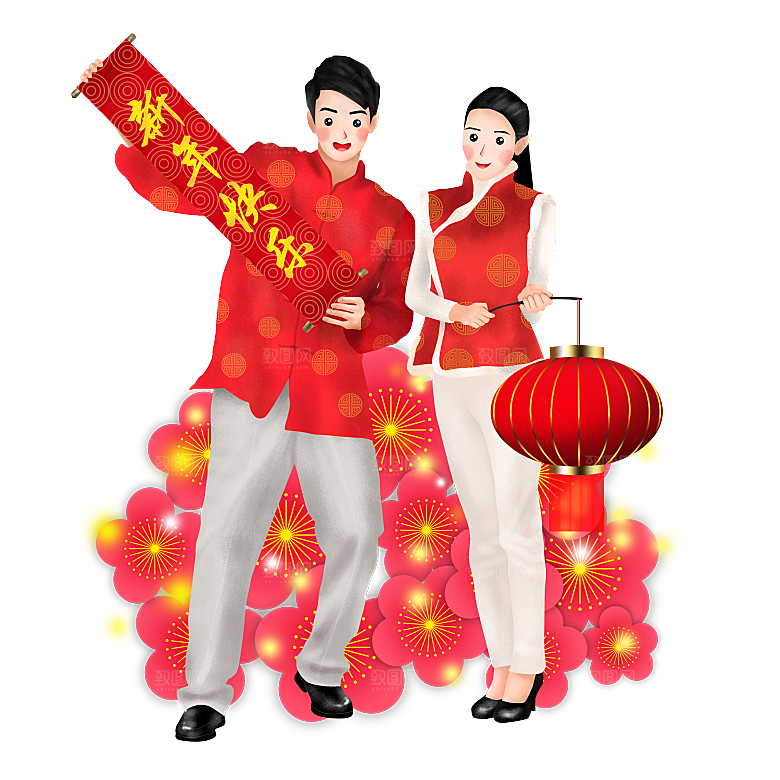 卡通中式婚礼新人中式古典中国风人物婚庆