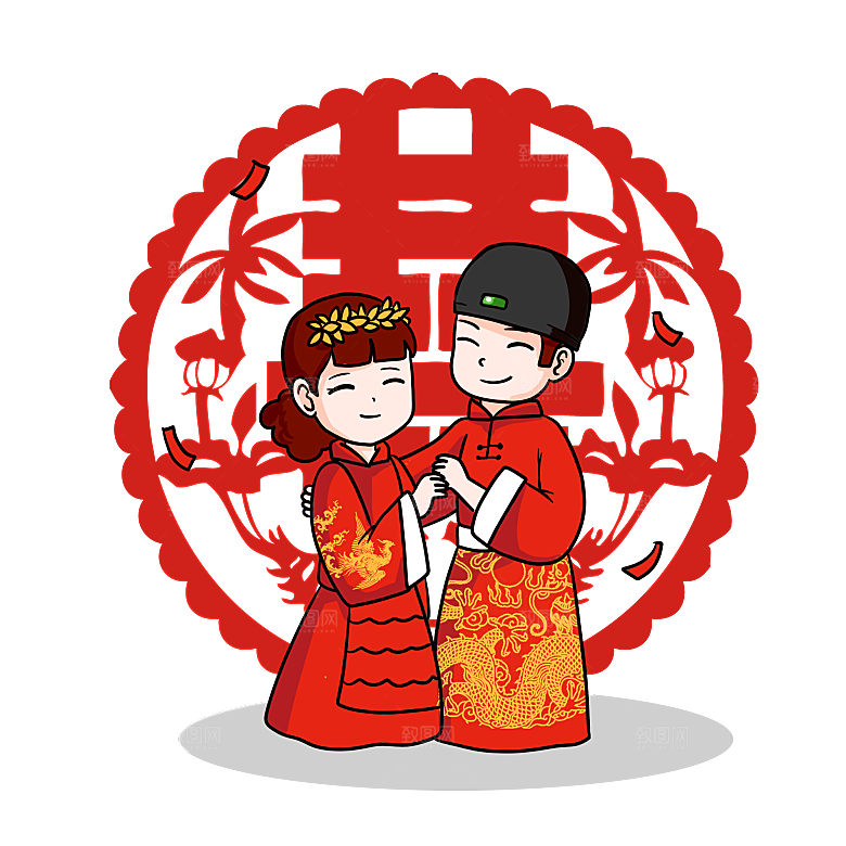 卡通中式婚礼新人中式古典中国风人物婚庆