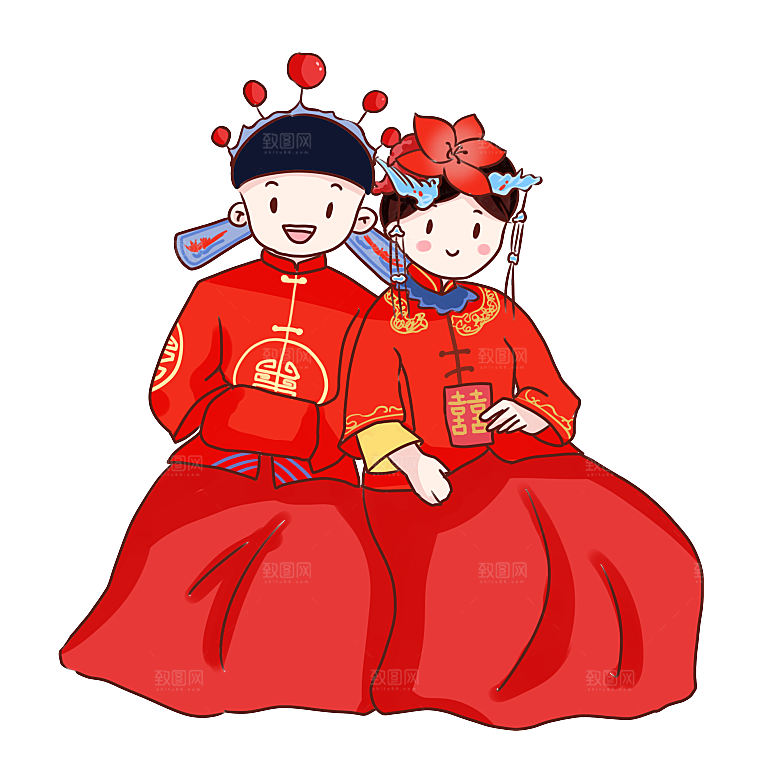 卡通中式婚礼新人中式古典中国风人物婚庆