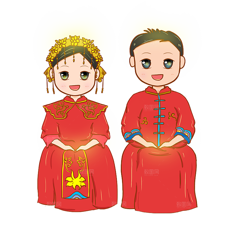 卡通中式婚礼新人中式古典中国风人物婚庆