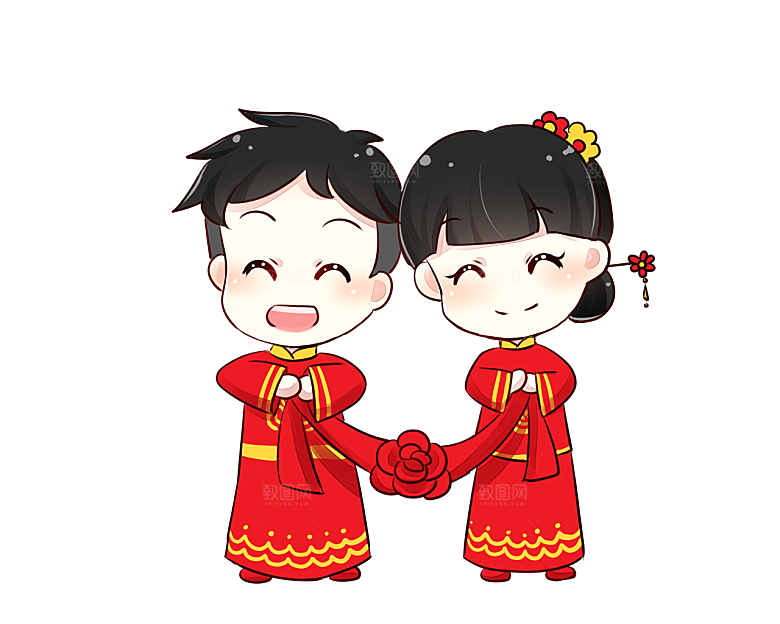 卡通中式婚礼新人中式古典中国风人物婚庆