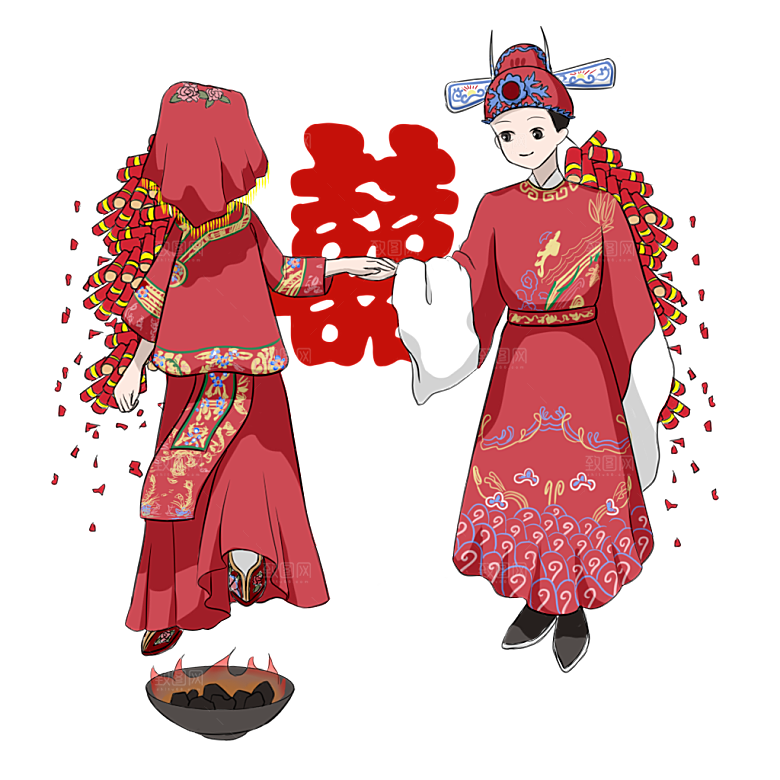 卡通中式婚礼新人中式古典中国风人物婚庆
