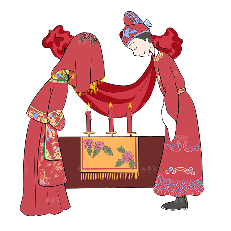 卡通中式婚礼新人中式古典中国风人物婚庆