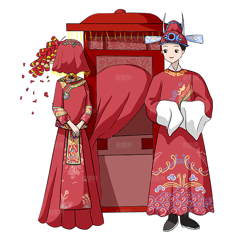 卡通中式婚礼新人中式古典中国风人物婚庆