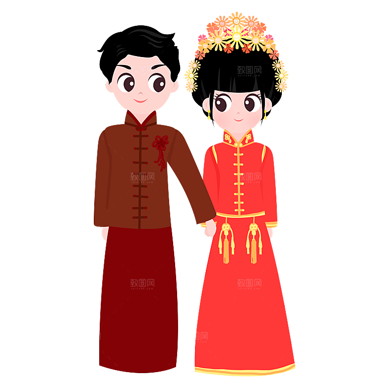 卡通中式婚礼新人中式古典中国风人物婚庆