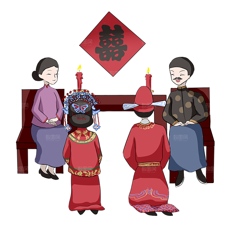 卡通中式婚礼新人中式古典中国风人物婚庆