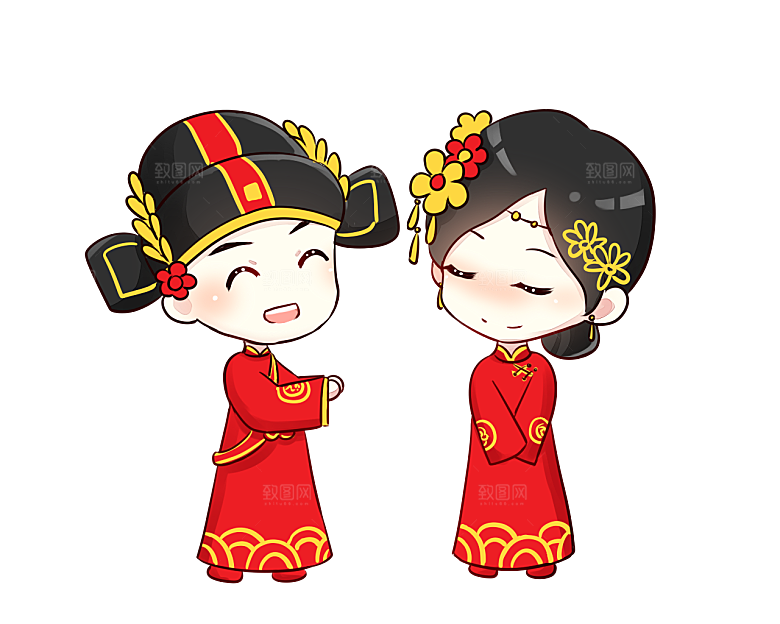 卡通中式婚礼新人中式古典中国风人物婚庆