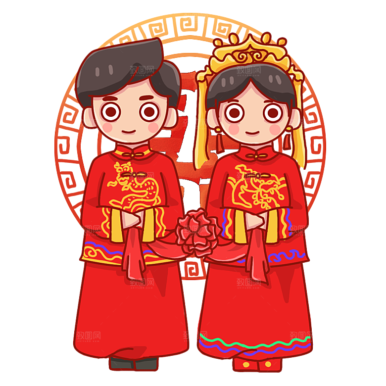 卡通中式婚礼新人中式古典中国风人物婚庆