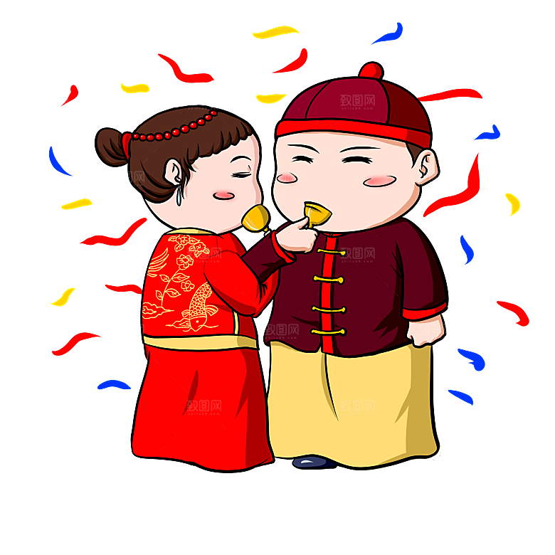 卡通中式婚礼新人中式古典中国风人物婚庆