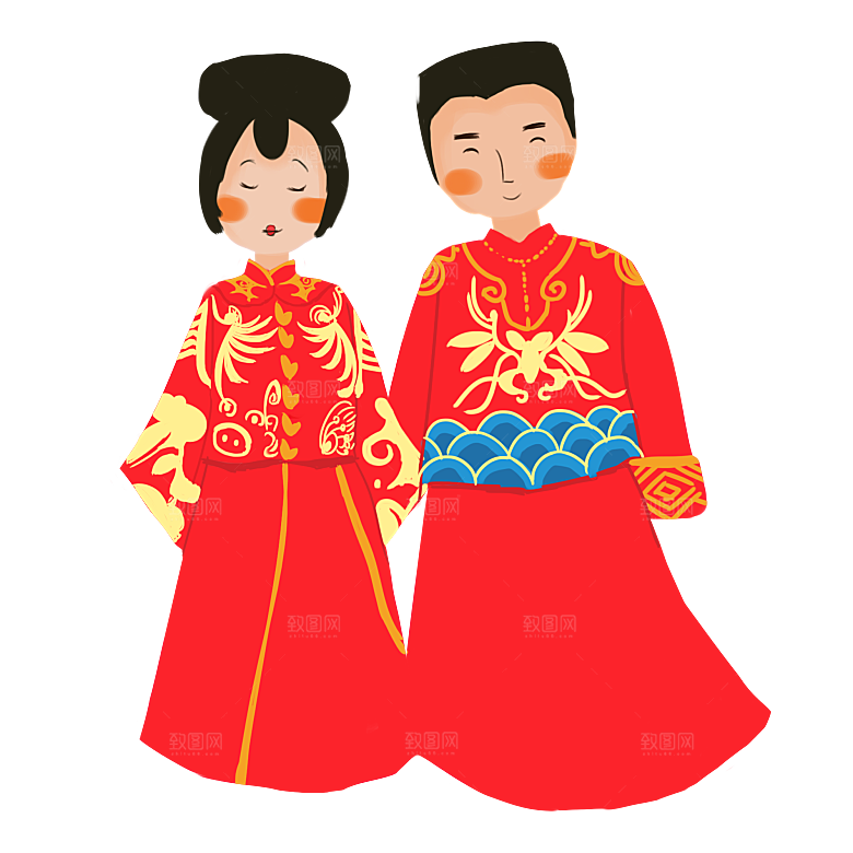 卡通中式婚礼新人中式古典中国风人物婚庆