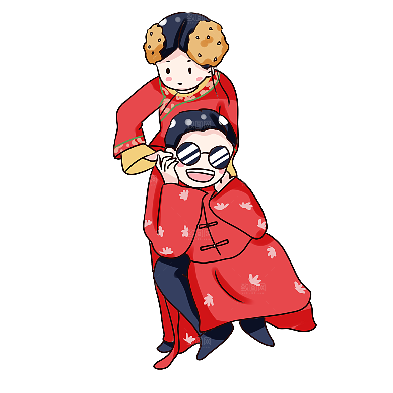 卡通中式婚礼新人中式古典中国风人物婚庆