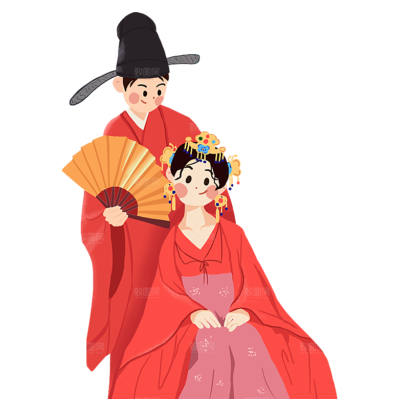 卡通中式婚礼新人中式古典中国风人物婚庆