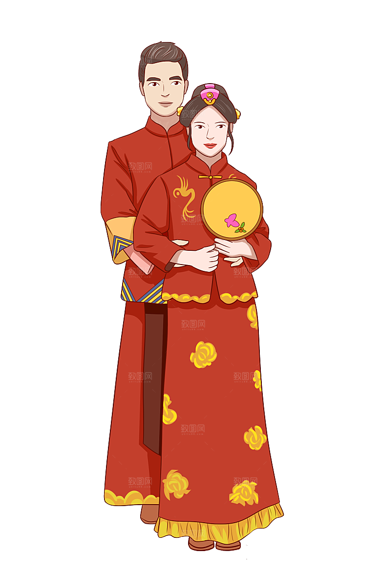 卡通中式婚礼新人中式古典中国风人物婚庆