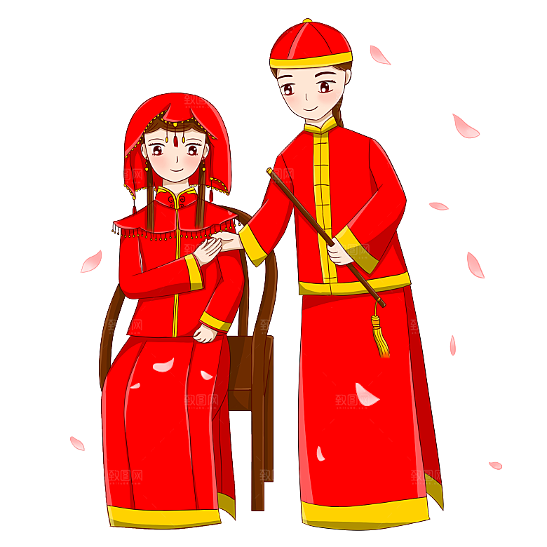 卡通中式婚礼新人中式古典中国风人物婚庆
