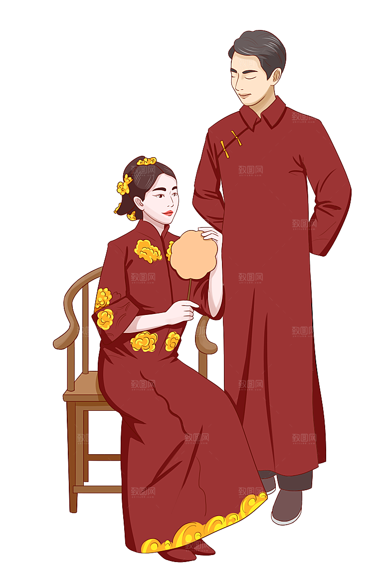 卡通中式婚礼新人中式古典中国风人物婚庆