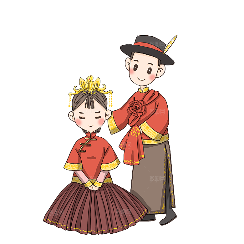 卡通中式婚礼新人中式古典中国风人物婚庆