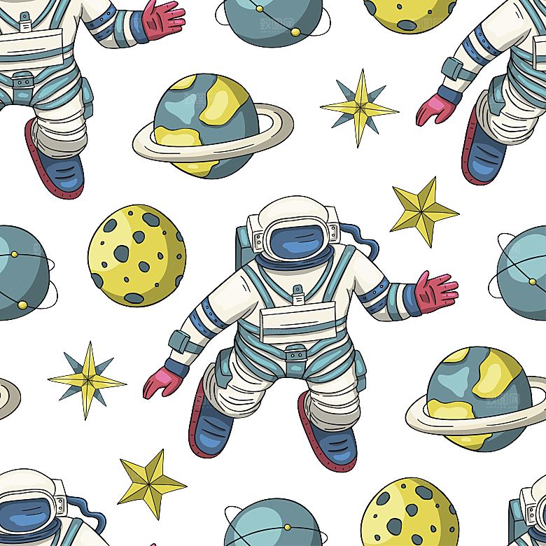 手绘卡通宇航员太空宇宙元素图案
