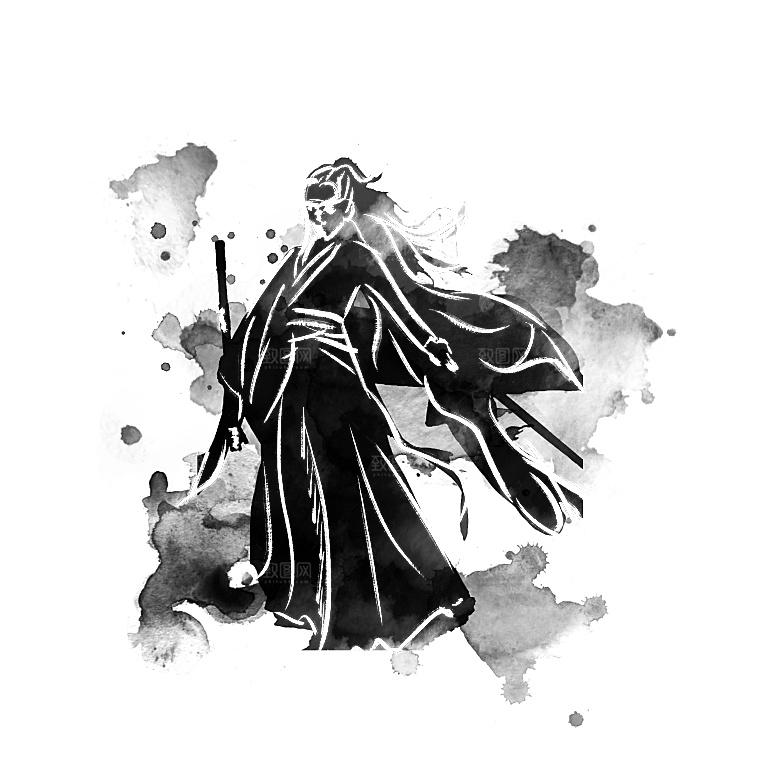 中国风水墨古风武侠人物剪影透明背景