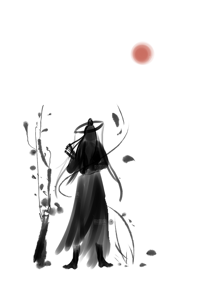 中国风水墨古风武侠人物剪影透明背景