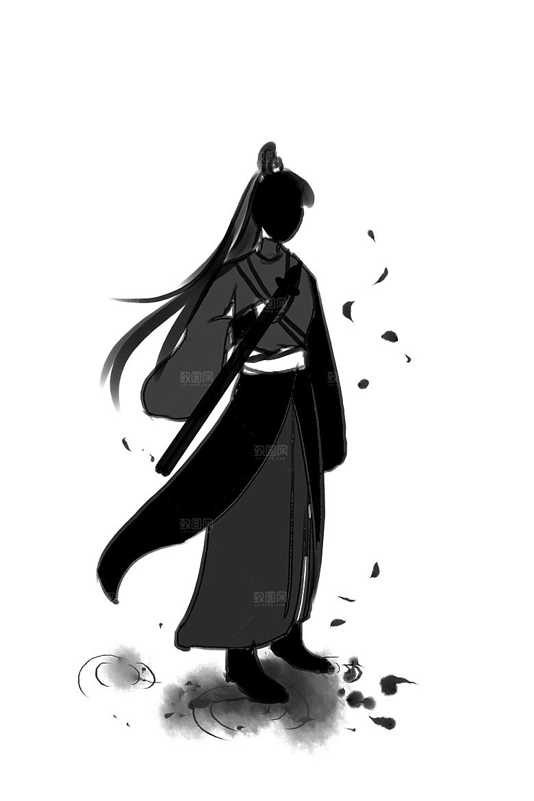 中国风水墨古风武侠人物剪影透明背景
