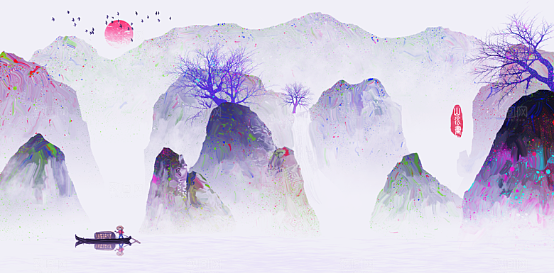 山水建筑风景中式背景素材