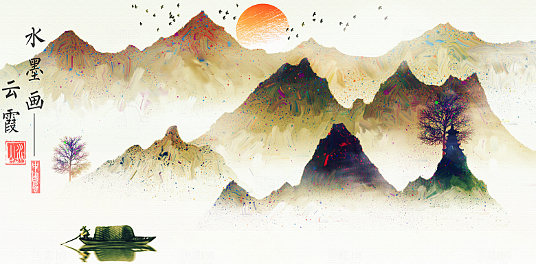 山水建筑风景中式背景素材