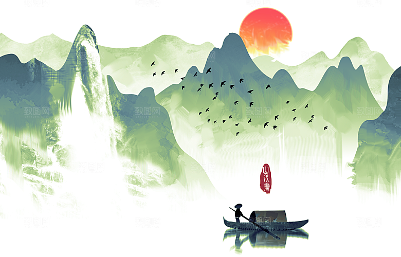 山水建筑风景中式背景素材