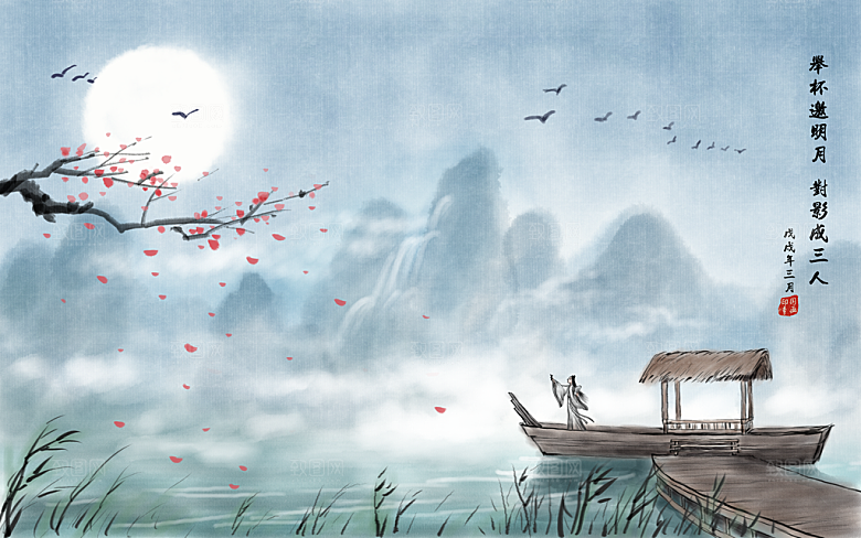 山水建筑风景中式背景素材