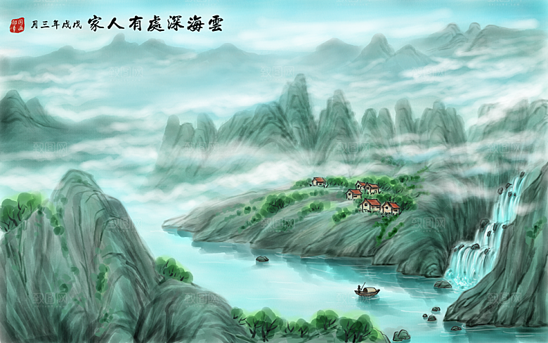 山水建筑风景中式背景素材