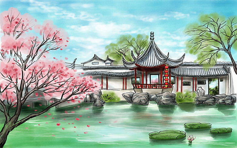 山水建筑风景中式背景素材