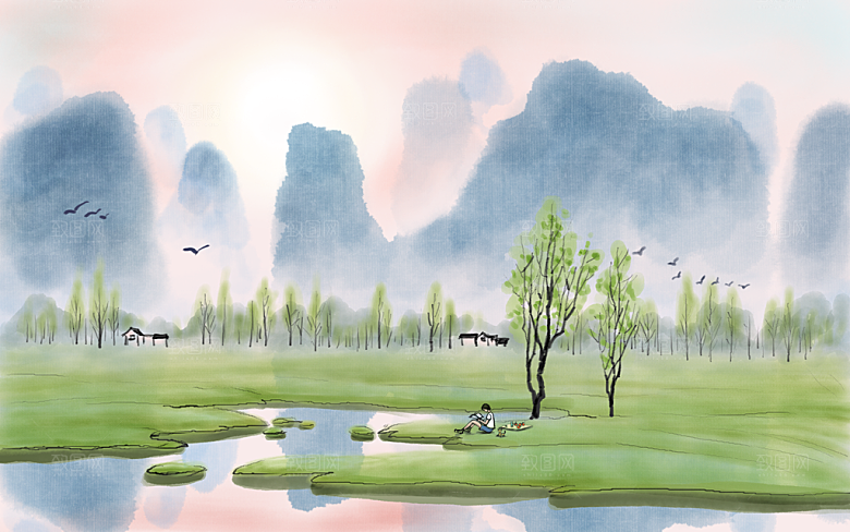 山水建筑风景中式背景素材