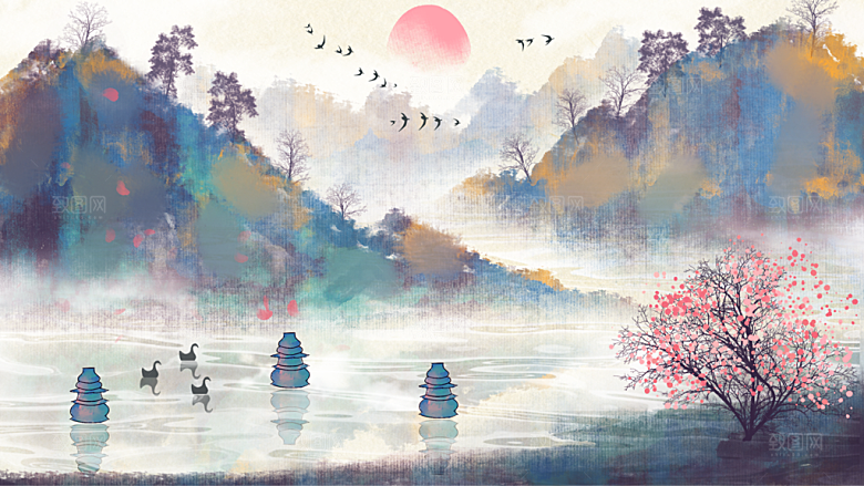 山水建筑中式简约大气海报