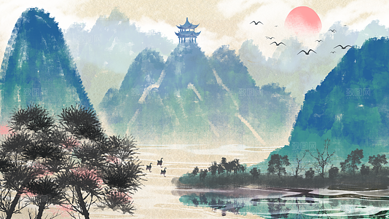 山水建筑中式简约大气海报